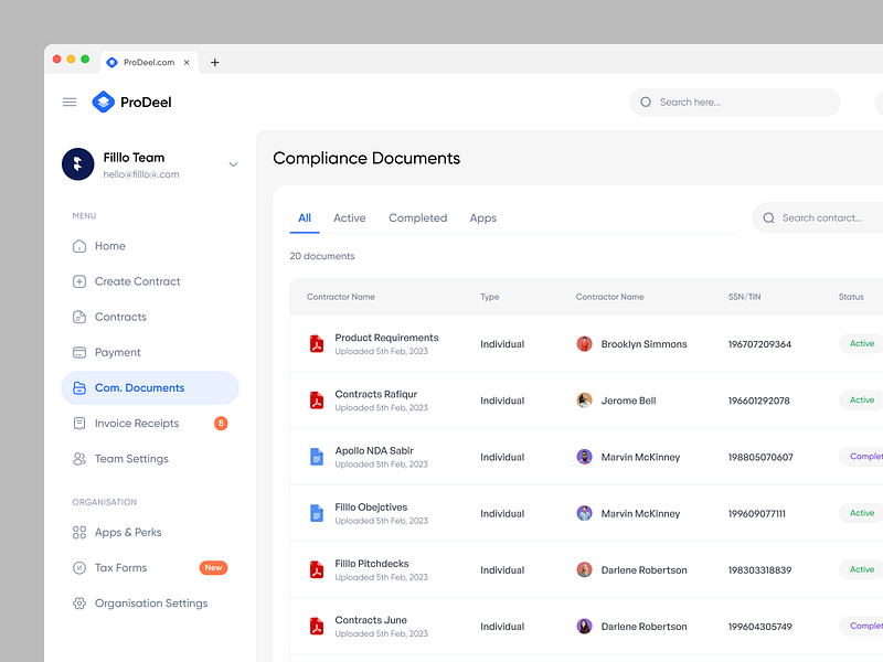 ProDeel - Compliance Documents customer documents dashboard dashboard design document document management documents file file management files folder list minimal saas side menu storage tag task ui web app web application