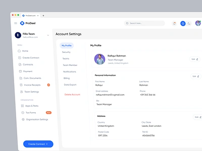 ProDeel - Account Settings/Profile Page account admin clean component dashboard design details edit form interface preferences profile saas settings sidebar ui design user ux ux design web app