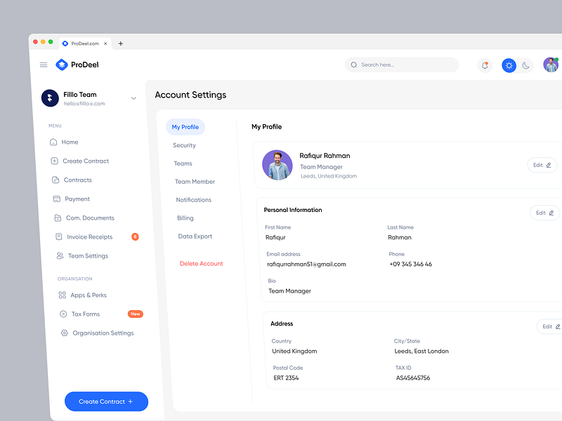 ProDeel - Account Settings/Profile Page account admin clean component dashboard design details edit form interface preferences profile saas settings sidebar ui design user ux ux design web app