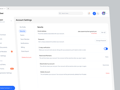 ProDeel - Account Settings Page account account settings admin panel clean ui form inputs menu navigation password product design profile settings saas search security settings page simple table tabs team toggle
