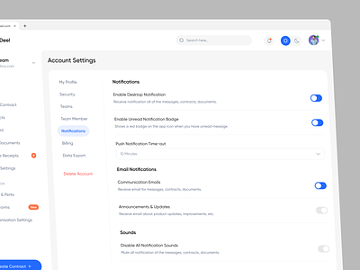ProDeel - Notification Settings admin analytics dashboard desktop dropdown email form minimal nav notifications panel preferences product design saas settings tabs toggle toggles user interface web app
