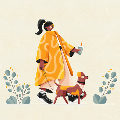 Girl and dog 2d art charaster cute dog flat girl illustration illustrator photoshop texture vector walk