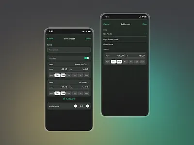 Home Energy App - New Preset app app design automation dark mode dashboard energy home energy navigation preset schedule smart home time timing ui ui design