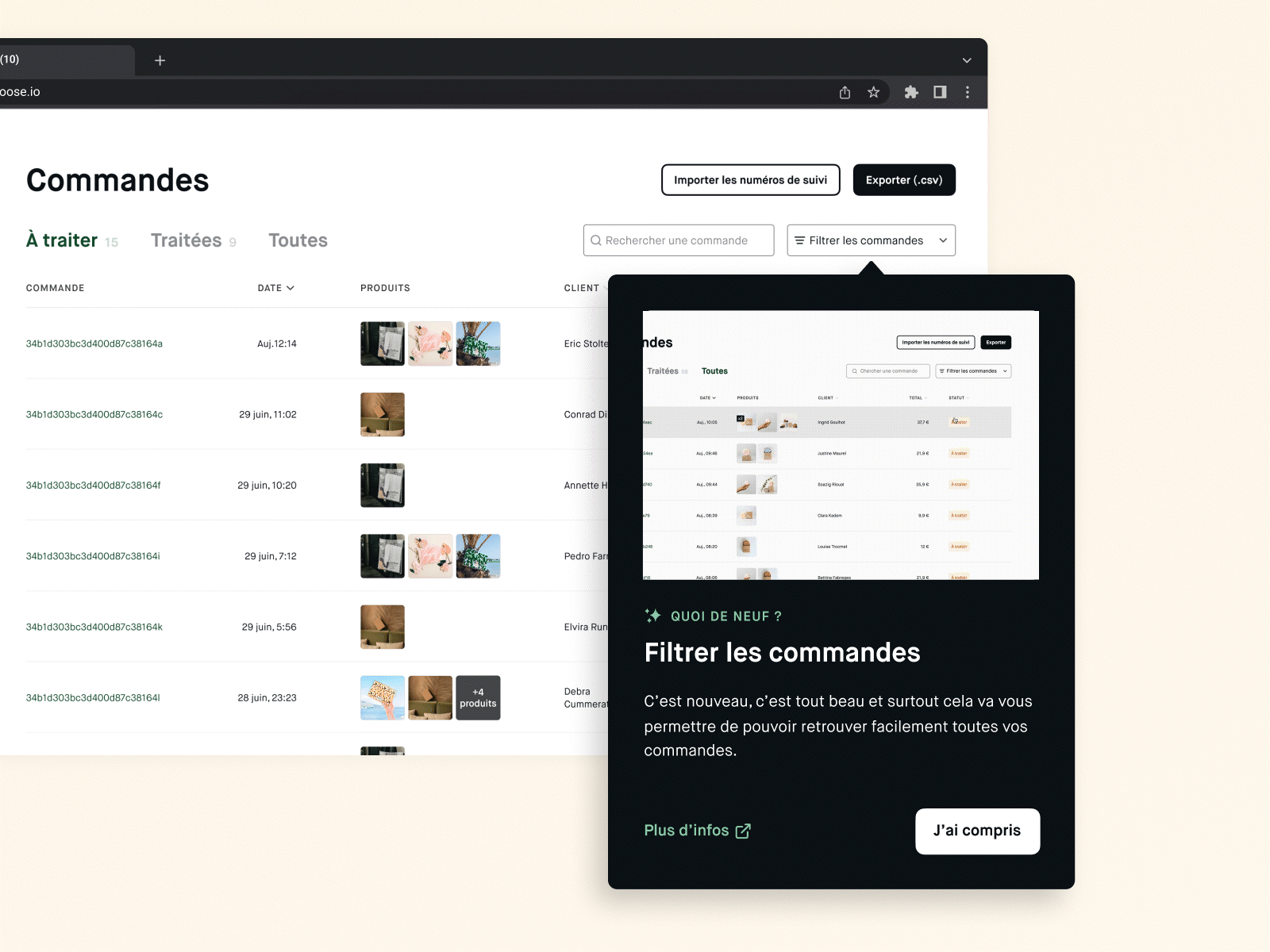Choose Back-office - New Feature Pop-in backoffice board choose clean dashboard design ecommerce feature filter interface minimal modal new orders product saas sale shop ui ux