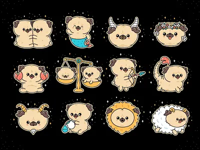 Pug Zodiac aquarius astrological astrology cancer capricorn cartoon character cute dog gemini horoscope illustration kawaii pisces pug scorpio sign virgo zodiac zodiacal