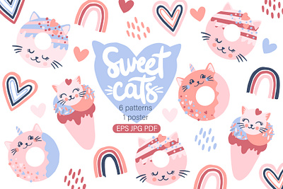 Sweet cats. Seamless patterns and poster design baby cat cute design digital donut fabric icecreame kids paper print printing surface sweet wallpaper