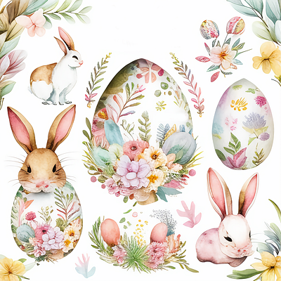 Happy Easter Bunnies Egg Floral Spring Watercolor bunnies bunny easter egg happy