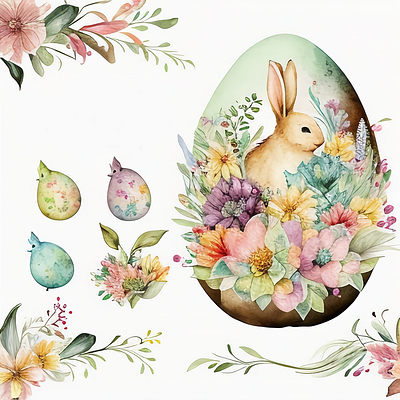 Happy Easter Bunnies Egg Floral Spring Watercolor watercolor
