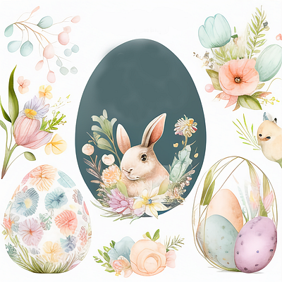 Happy Easter Bunnies Egg Floral Spring Watercolor beautiful bunnies easter poster watercolor wild