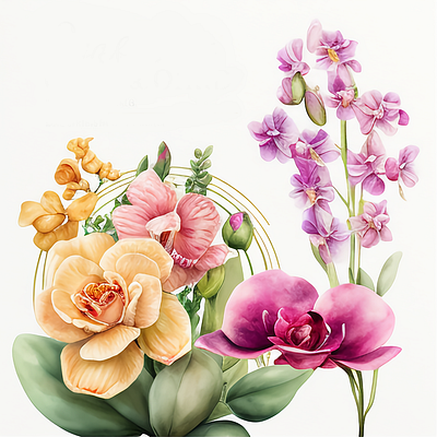 Orchid and Rose Spring Flower Watercolor flower