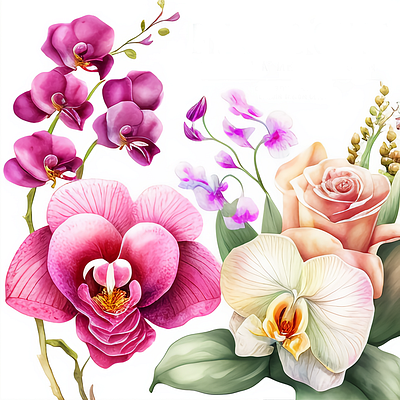 Orchid and Rose Spring Flower Watercolor flower