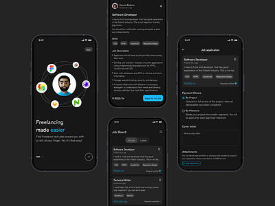 Lancer black ui blue dark ui design developmentl e commerce freelance freelance app freelancing hr job job board mobile mobile app programming tech