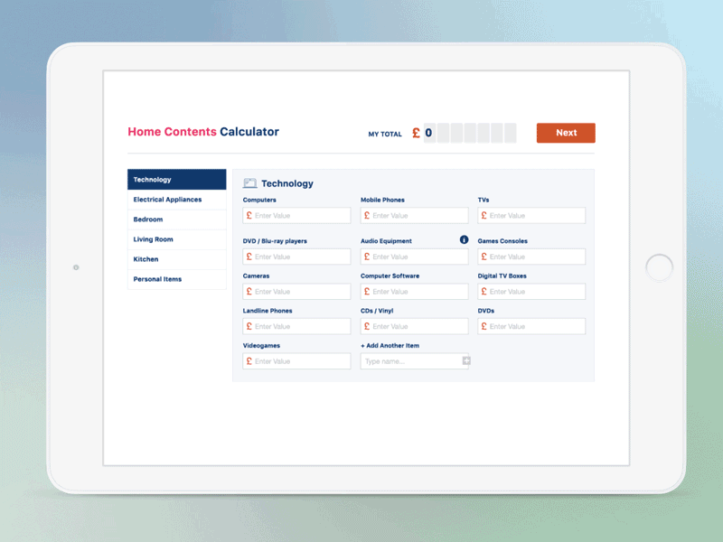 Swinton Contents Calculator design micro interaction ui ux