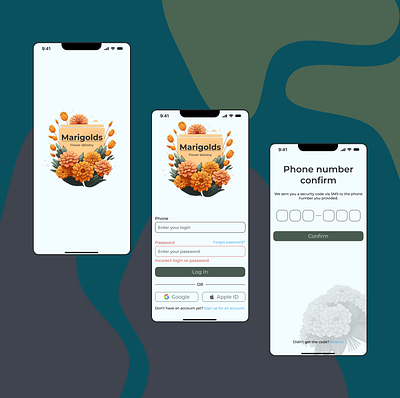 Marigolds authorization figma graphic design log in mobile app mobile designe registration ui user interface ux