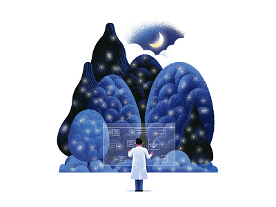 HOW DO YOU STUDY A FLASH IN THE DARK? daniele simonelli dsgn editorial illustration fireflies firefly illustration moon night research scientist texture tree trees vector wood