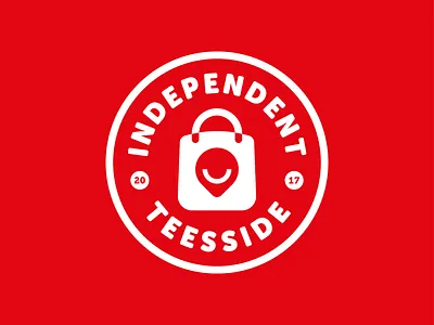 Independent Teesside Logo badge bold branding crest fun geometric icon logo map mark negative space pin roundel save shield shopping smile sticker type vector