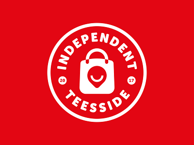 Independent Teesside Logo badge bold branding crest fun geometric icon logo map mark negative space pin roundel save shield shopping smile sticker type vector