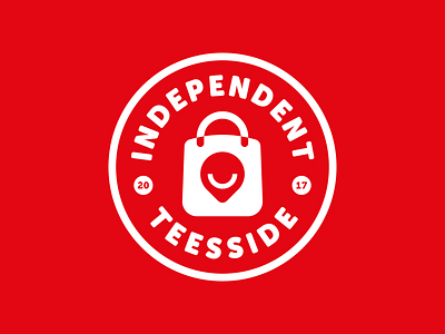 Independent Teesside Logo badge bold branding crest fun geometric icon logo map mark negative space pin roundel save shield shopping smile sticker type vector