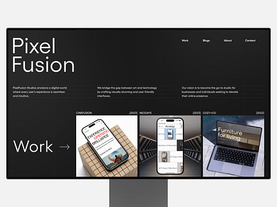 PixelFusion creative dark dark mode design grid grids interaction design landing page landing web page studio studio website typography ui ui design uiux user interface visual identity web web interface website