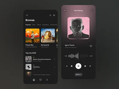 Music Player App album app audio audiobook clean dark ui dashboard media player mobile music music app player playlist podcasts song sound spotify streaming ui ux