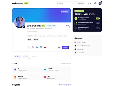 Profile page - Educational platform design education light theme profile profile page ui ux