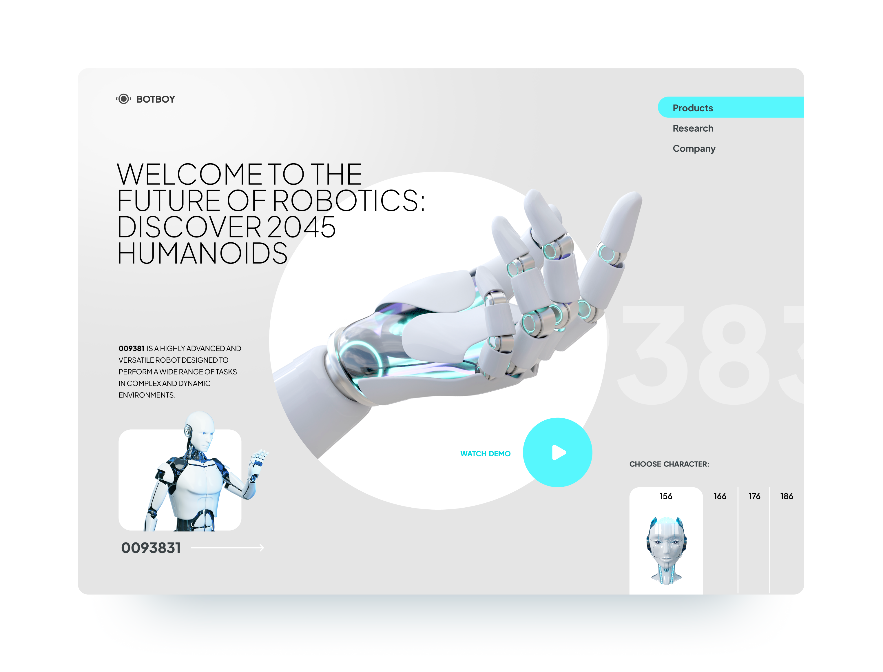 Humanoid Company page UI concept ai artificial inteligence blue cyborg design flat humanoid ladning page robot robots sci fi sifi ui