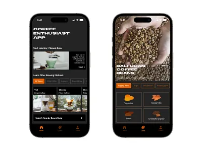 Coffee Enthusiast App (v2) adobephotoshop app black branding clean ui coffee coffee shop design espresso illustration logo manualbrew mobile ui orange simple starbucks ui
