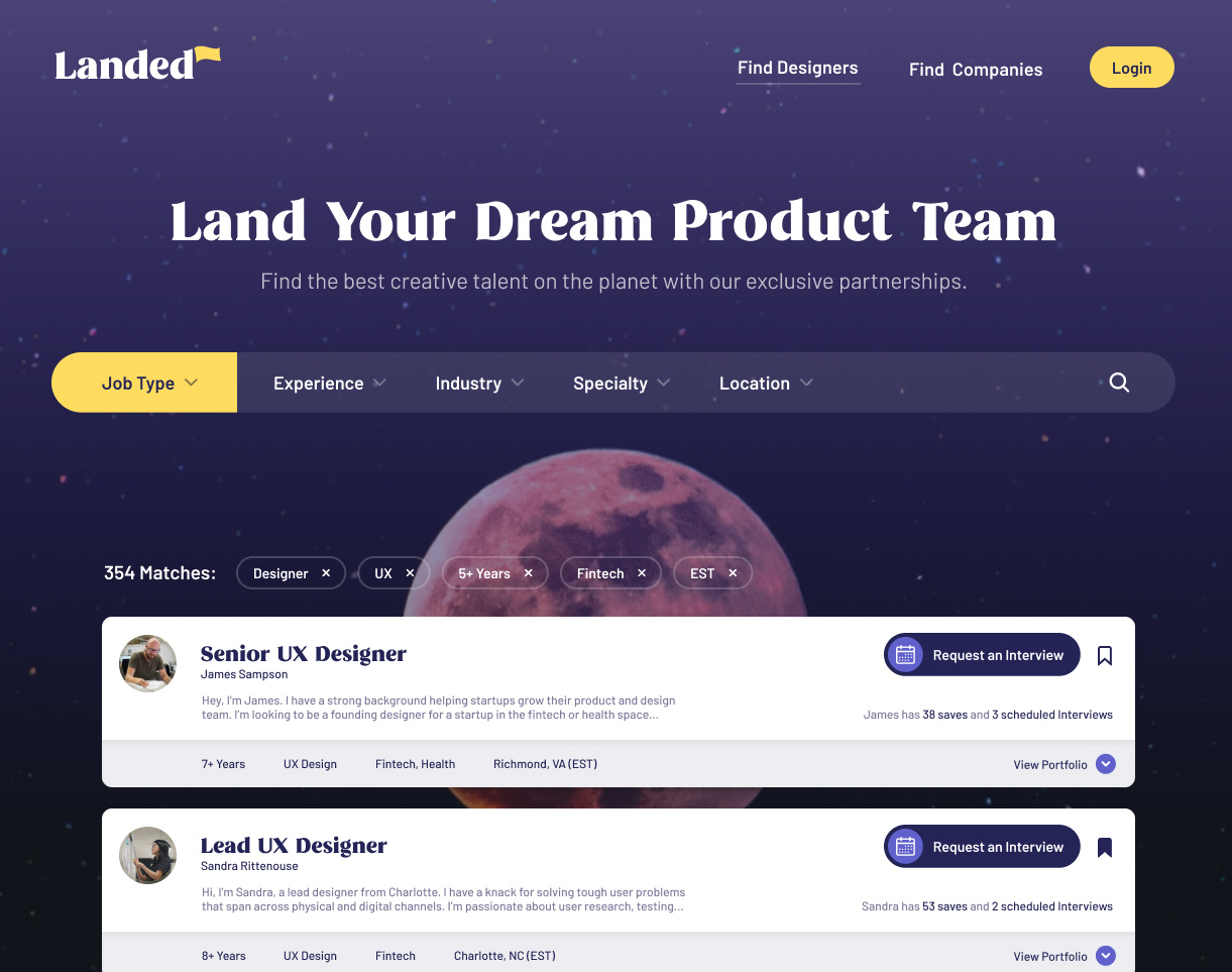 Landed - A Talent and Job Finder for Product Teams career finder career search design careers designer search developer search job finder job finder platform job finder website job search job search platform job search website product careers product team talent search