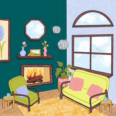 Cozy Vibes Illustration✨ design digitalart digitalillustration graphic design illustratedroom illustration interiordesign