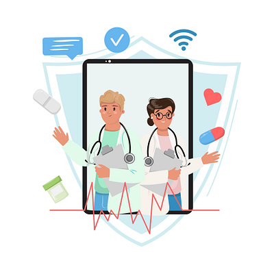 Doctor characters in the cellphone appointment call cellphone charcters colleagues cute doctor health healthy heart medication people pills team telemedicine video work