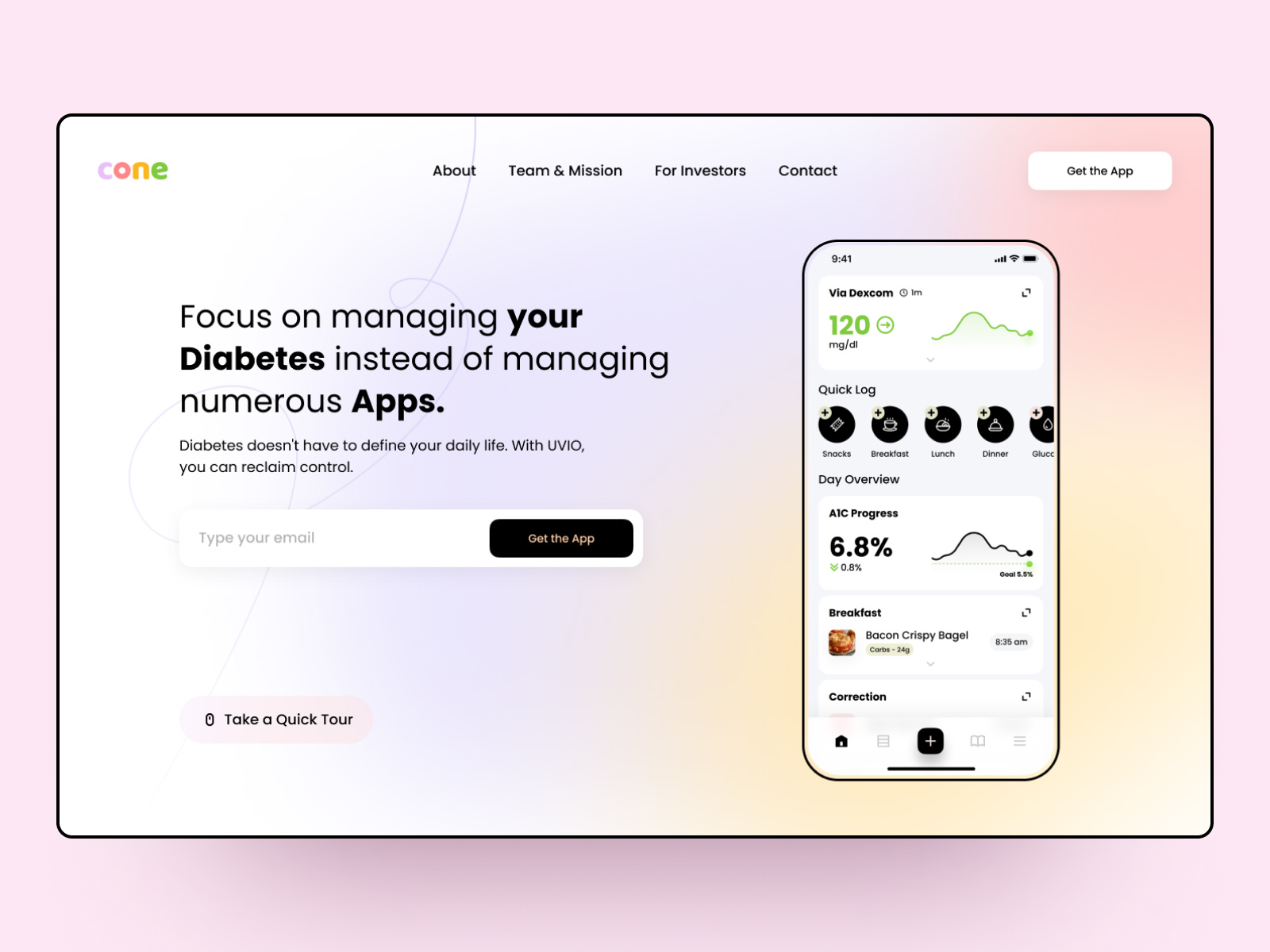 Cone Landing page - APP For Diabetes Management application clean cone app design diabetes diabetes management graphic design landing page mobile app mvp app quotes registration form social app ui website