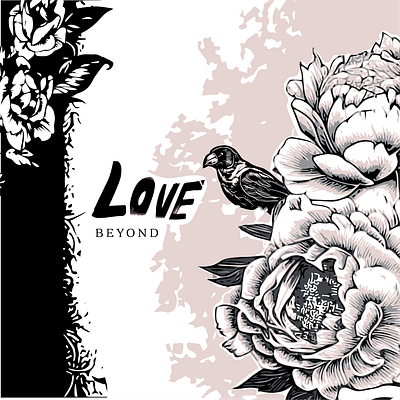 Peonies and the Raven digital collage illustration vector