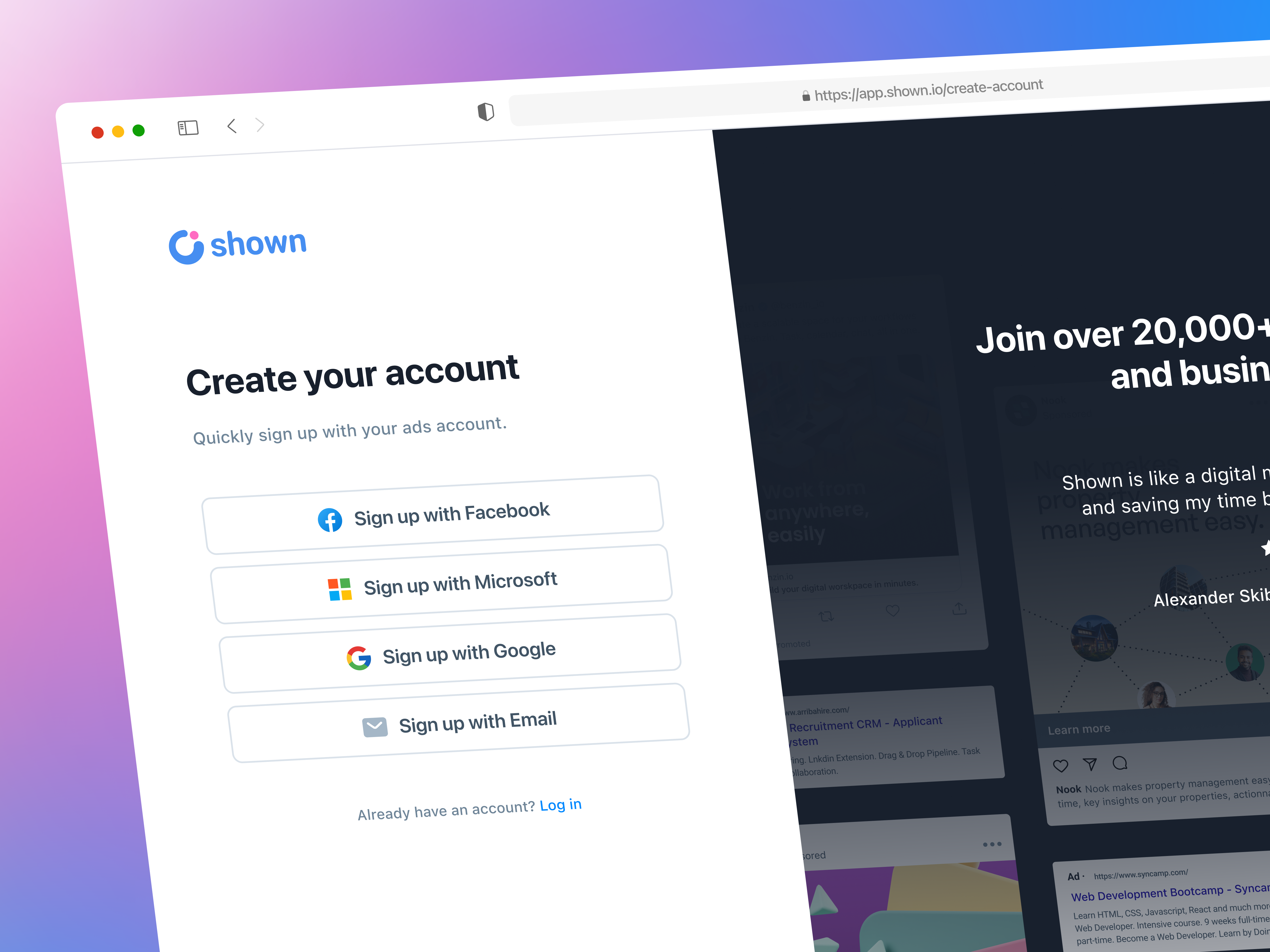 Shown AI • Account creation flow account clean components create account dark dark ui form illustration inputs log in login minimalist onboarding product design saas signin signup steps testimonials user flow