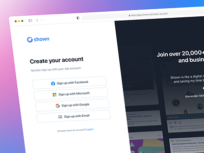Shown AI • Account creation flow account clean components create account dark dark ui form illustration inputs log in login minimalist onboarding product design saas signin signup steps testimonials user flow