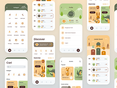 Exercise Game App Explorations (More Screens) activity category chalenge children game design exercise exersice game children flat design fun game illustration leaderboard mobile app profile sport training ui ui design ui ux