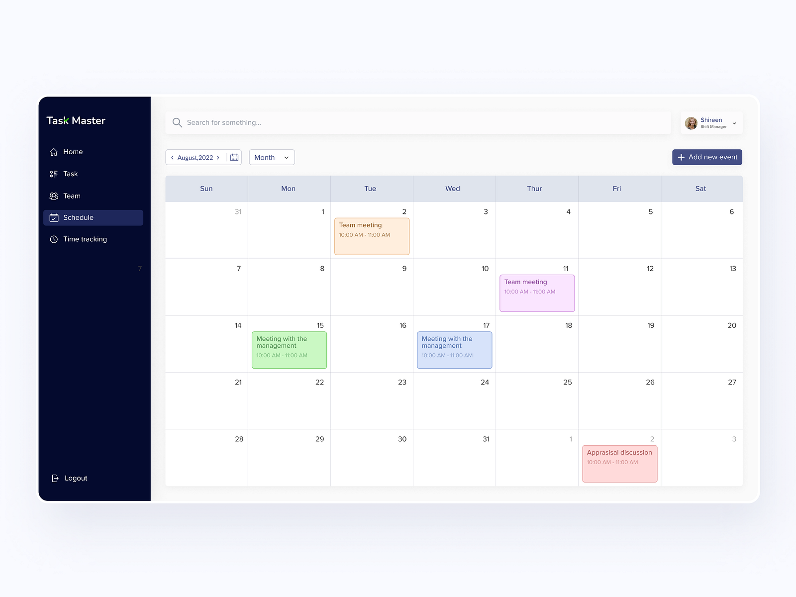 TaskMaster Staff Management Web Application - Monthly Calendar by ...