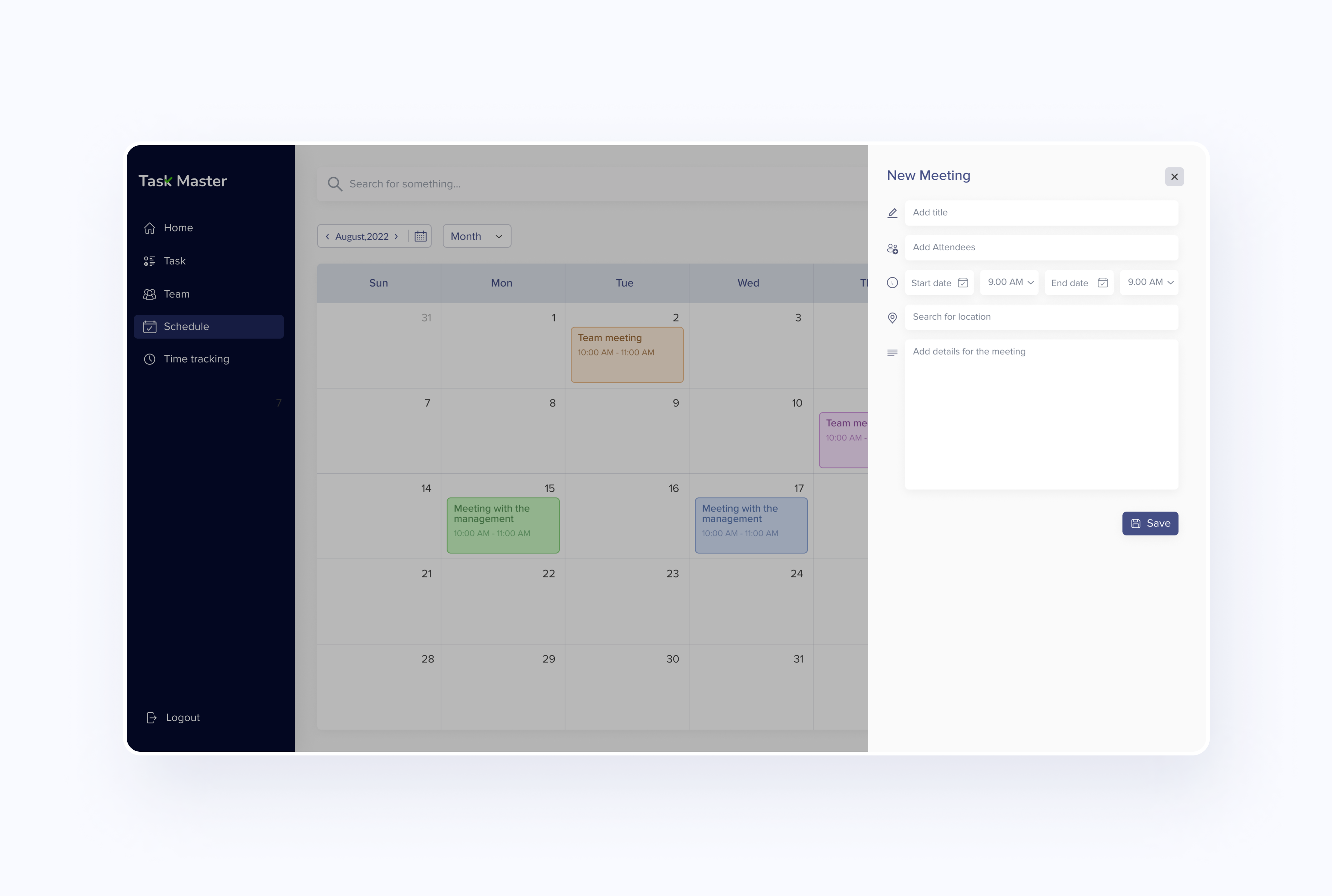 TaskMaster Staff Management Web Application Monthly Calendar by