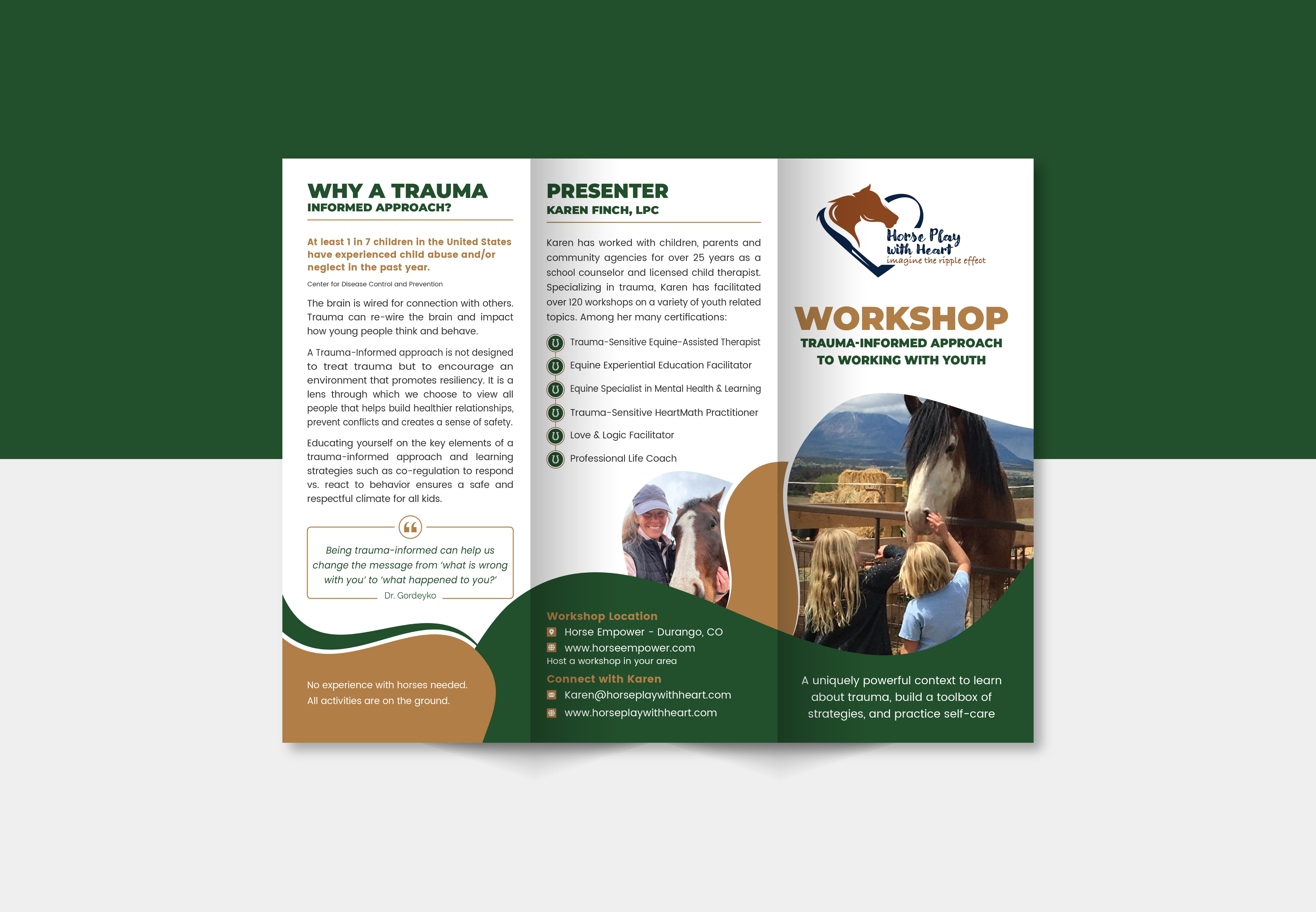 Horse Treatment Tri-Fold Brochure Design 3d animation bi fold brochure branding brochure brochure design corporate design design flyer flyer design graphic design horse horse empower horse rider horse treatment horse tri fold brochure horse workshop logo motion graphics ui