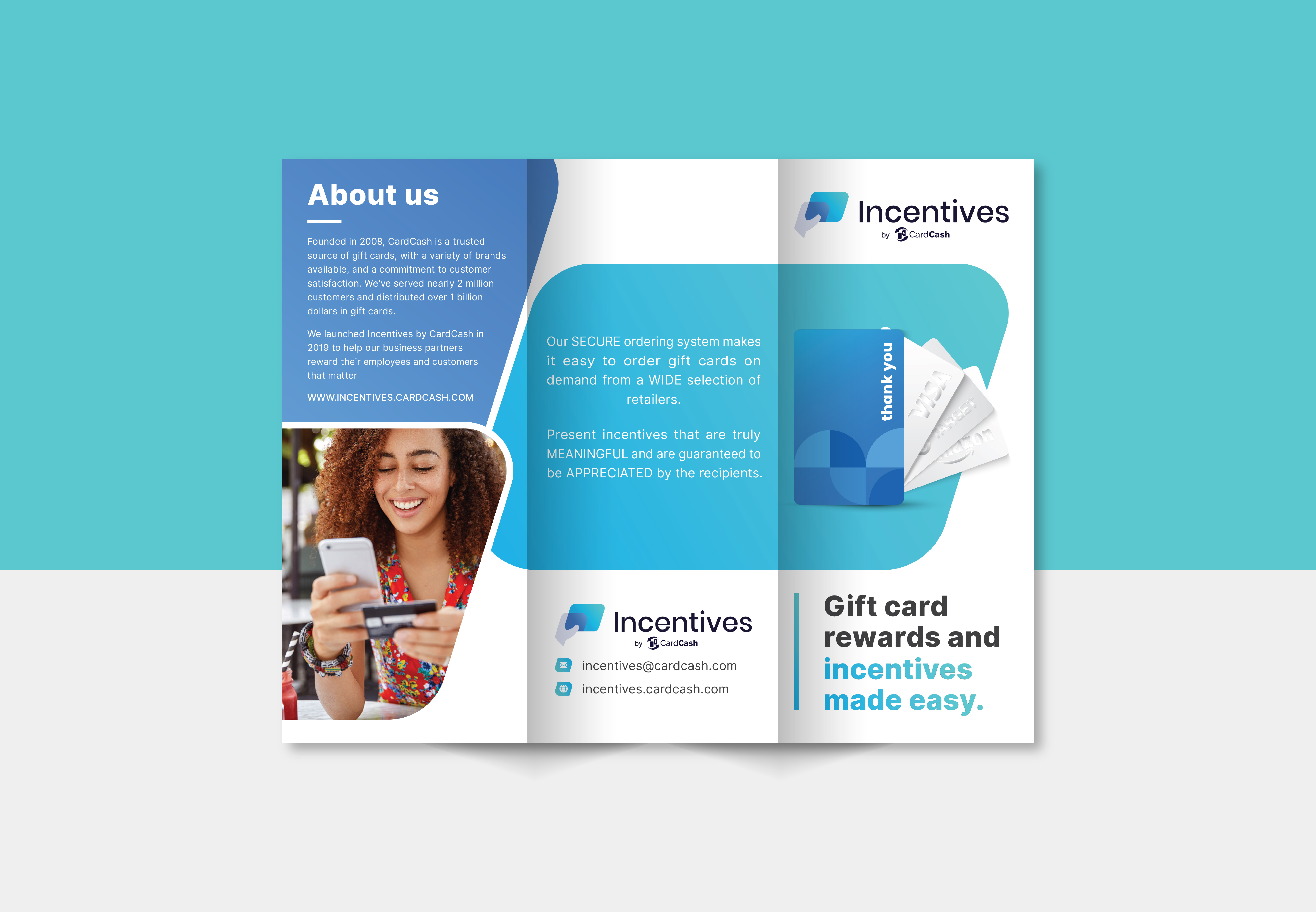 Gift Card Incentives Tri-Fold Brochure Design 3d animation bi fold brochure branding brochure brochure design corporate design credit card design flyer flyer design gift card graphic design incentive rewards logo master card motion graphics tri fold brochure ui visa card
