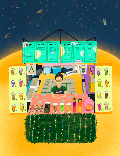 Milk tea shop in Auckland night market design illustration