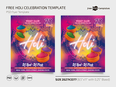 Free Holi Flyer Template + Instagram Post (PSD) event events flyer flyers free freebie holi photoshop print printed psd template templates
