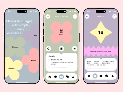 Language Learning App app design application edtech education ios languages learning mobile neon pastel school service design ui