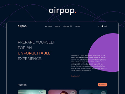 Airpop - Event website homepage belgium blob dark dark theme design event music odoo orange purple ui website