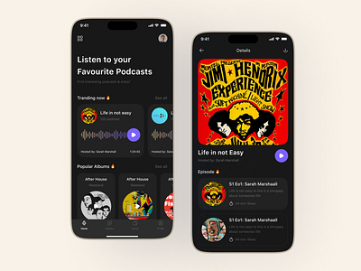 Audio Podcasts - Mobile App UI app application audio dark mode design listen podcasts app trand ui ux