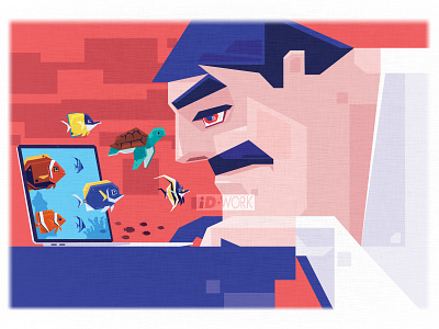 tired man looking at tropical fishes coming out from laptop art branding cartoon character computer graphics design digital illustration graphic design graphics illustration illustrator surface design tropical fishes vector vector art vector artwork vector illustration vectorillustration