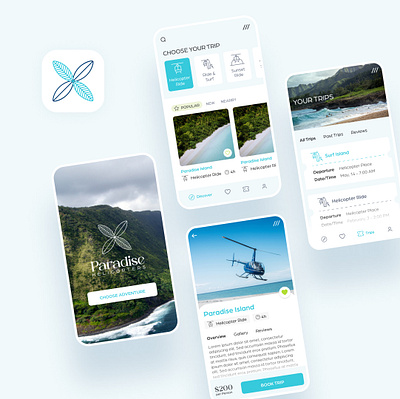 Paradise Helicopters branding interface logo mobile travel ui