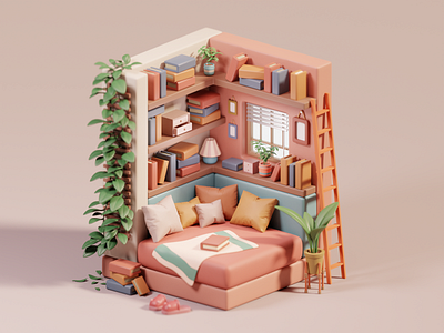 Reading Corner 3d 3d art 3d design books colorful cosy cute low low poly room