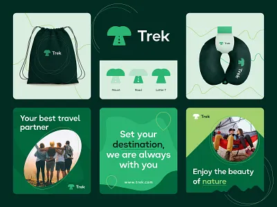 Trek-Branding, Logo design, Visual identity agency app brand identity brand sign branding flat design logo popular 2023 shape travel agency travel logo travel website trip vacation vector visual design web web design