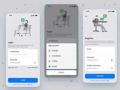 Social Media Login Register Screen app attractive clean kit login login option media media signup register signin signup social solution ui