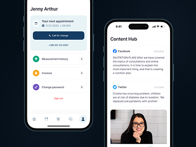 Nutritionist – Profile & content hub analysis analytics app cards clean design food health healthcare ios measure medical minimal mobile modern nutritionist product profile ui white